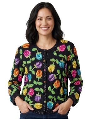 Vintage Just B Sequin Beaded Floral Cardigan Sweater Black Knit Size S
K
